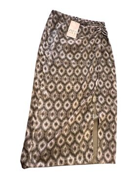 Zara Taupe and Ivory Geometric Midi Skirt with Side Ruched Detail NWT Women’s XS